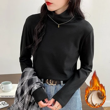 2025 سميكة صوف مبطن الياقة المدورة مزدوجة الوجهين المخملية الدافئة قاعدة تي شيرت الكورية نمط الخريف الشتاء طبقة قاعدة بسيطة القمم ﻿ 4