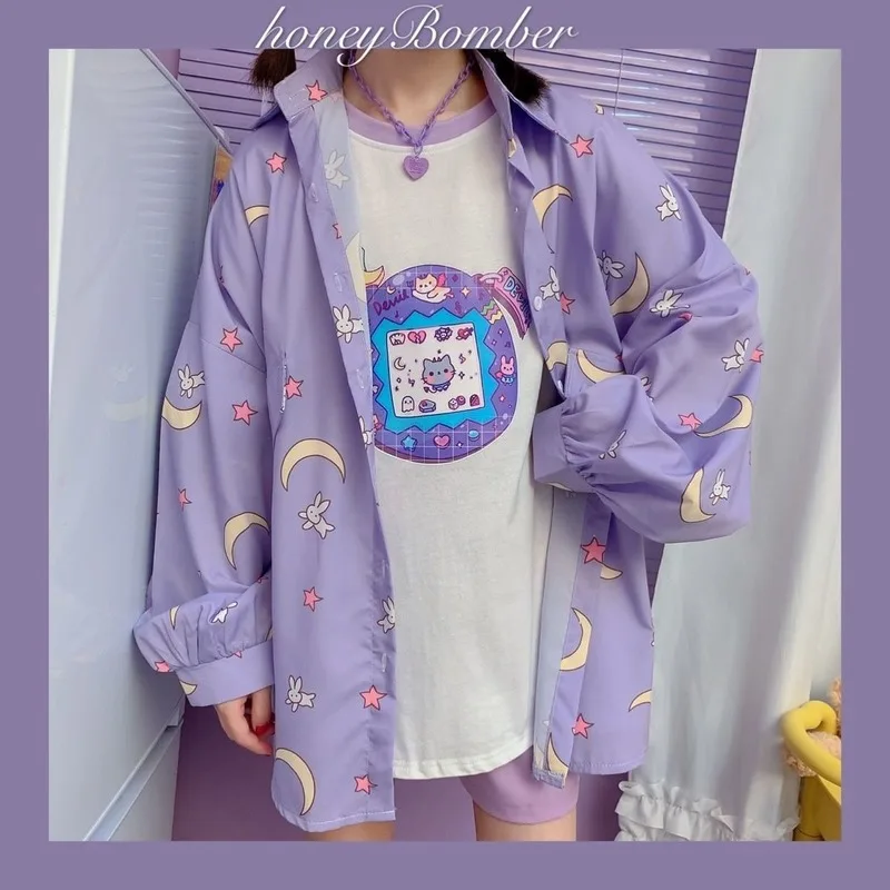 

New Korean Style Women Shirts Kawaii Autumn Fashion JK Blouse Women Long Sleeve Cute Loose Button Up Oversized Tops Purple Shirt