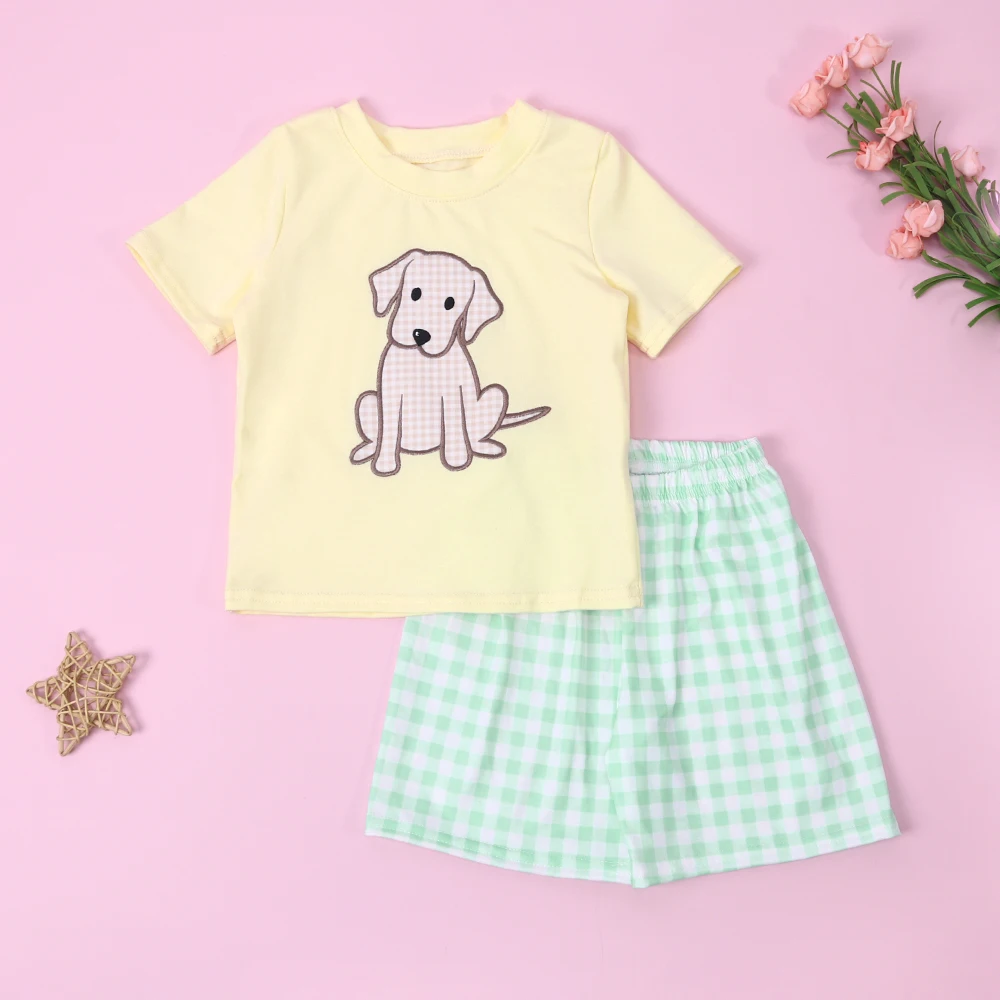 Boutique Baby Kids Cotton Short Sleeved Yellow T-shirt Set Round Neck Puppy Printing Boy Top Clothes And Green Stripe Short Suit