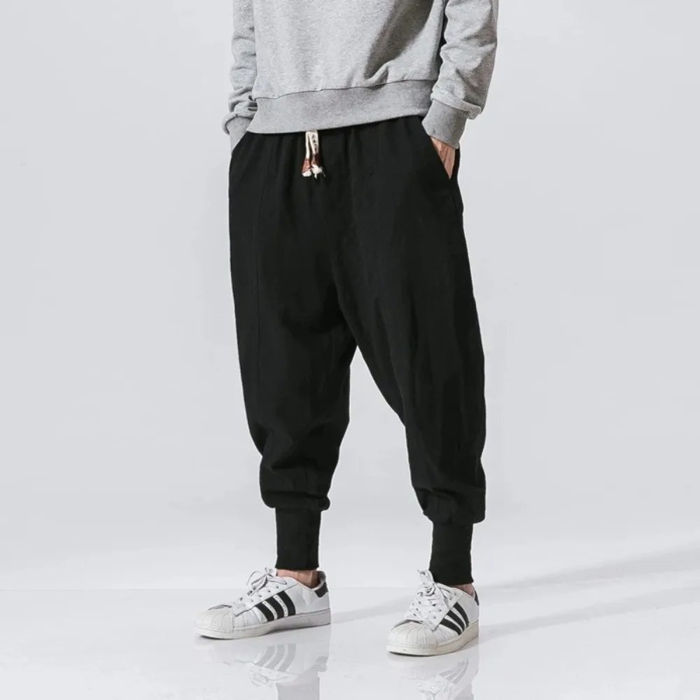 Cotton Linen Harem Pants Men Streetwear Joggers New Baggy Drop-crotch Pants Casual Trousers Men Sweatpants 2