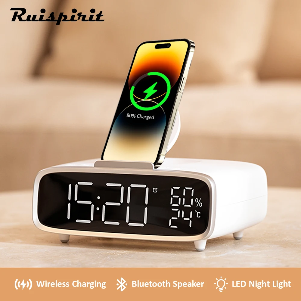 

Bedside Qi Wireless Charger Alarm Clock Large LED Display Dimmer Snooze Bar and Battery Backup Bluetooth Speaker All in One