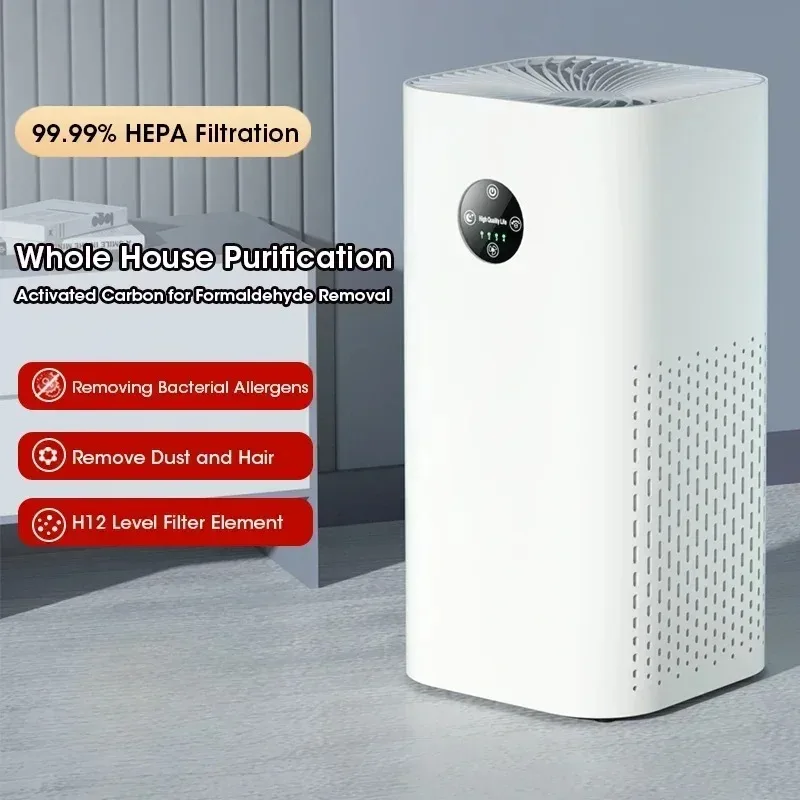 Détail du panneau de contrôle tactile du purificateur d'air allergie avec indicateurs de qualité de l'air.
