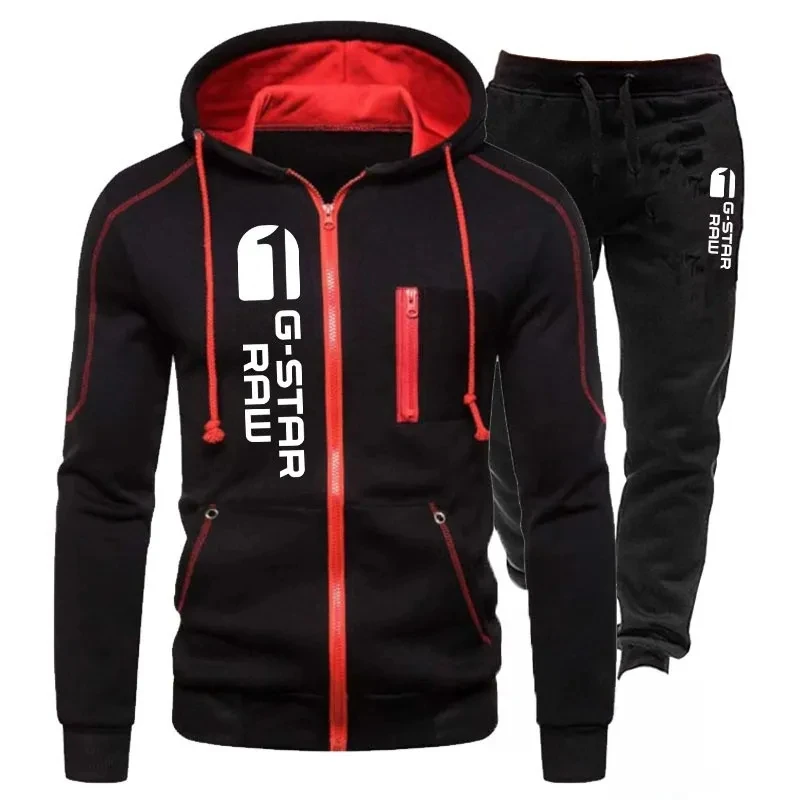 Men's sportswear casual outdoor jogging track suit Autumn and winter zipper hoodie + black pants fashion street 2-piece set