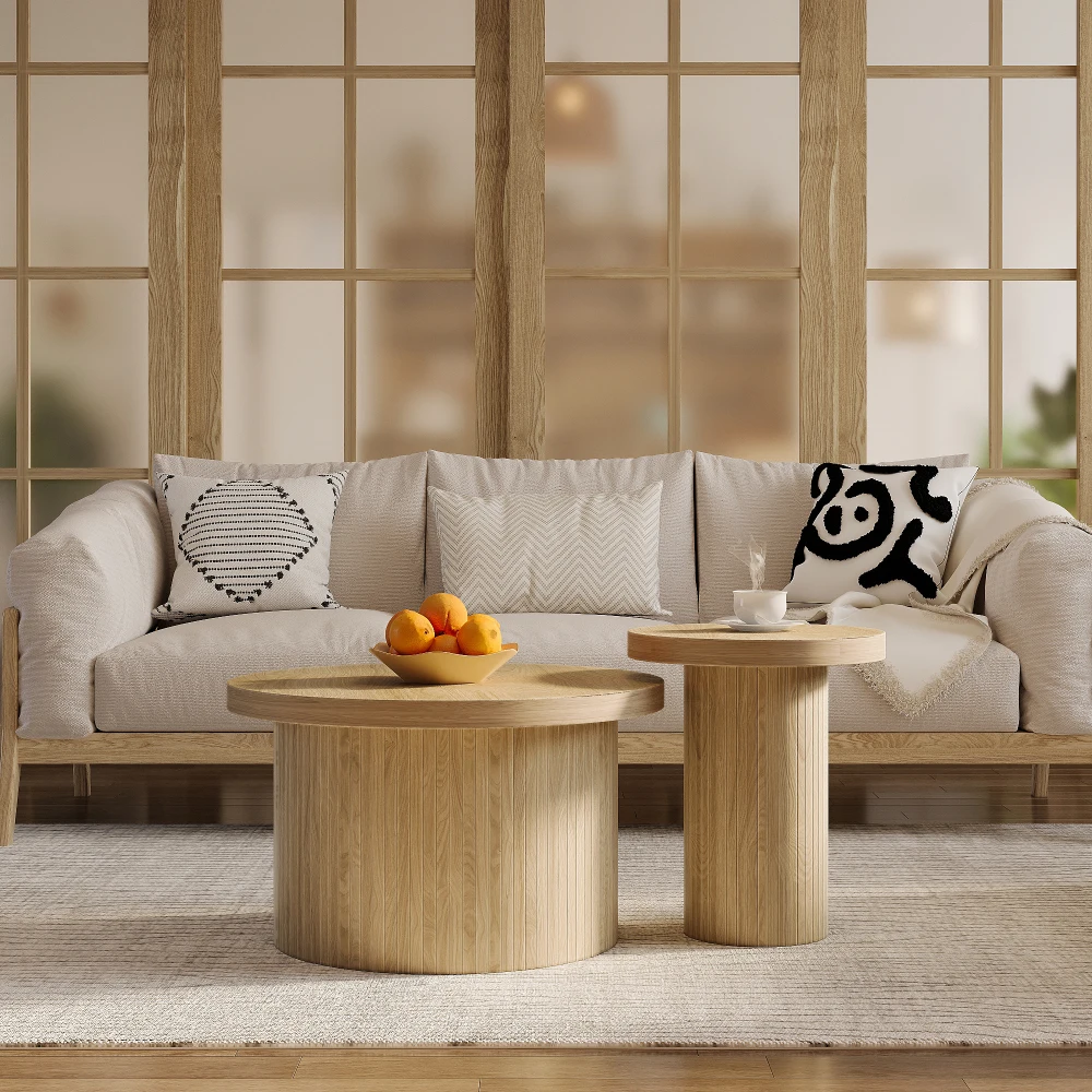 Multifunktionaler doppelter runder Couchtisch – mit Tabletts aus Naturholz, Beistelltisch für Wohnzimmer, platzsparende Wohnmöbel – Detail 9