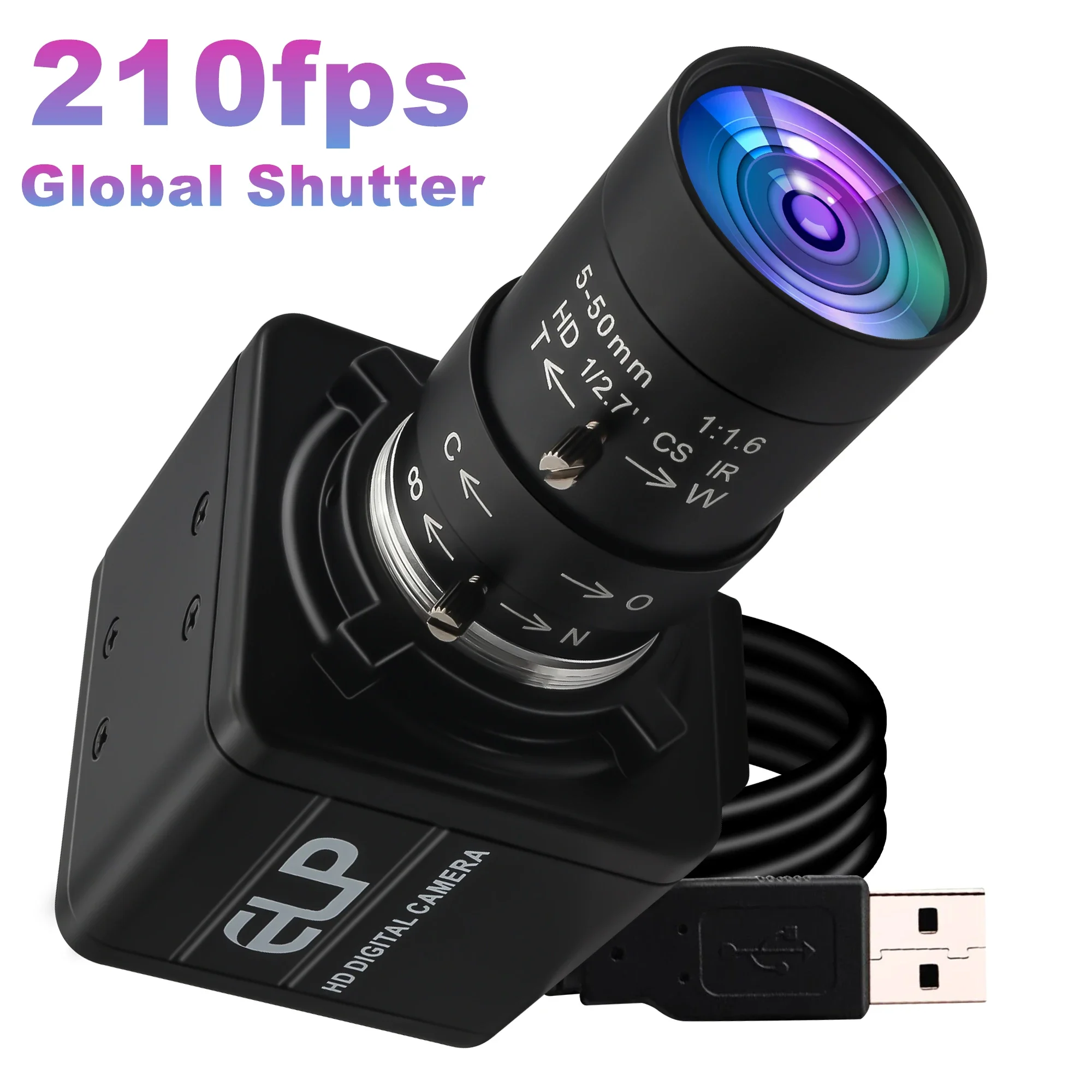 ELP 120fps 210fps Global Shutter USB Camera 800P 10X Zoom Monochrome Manual USB Webcam with 5-50mm Lens for Document Scanning