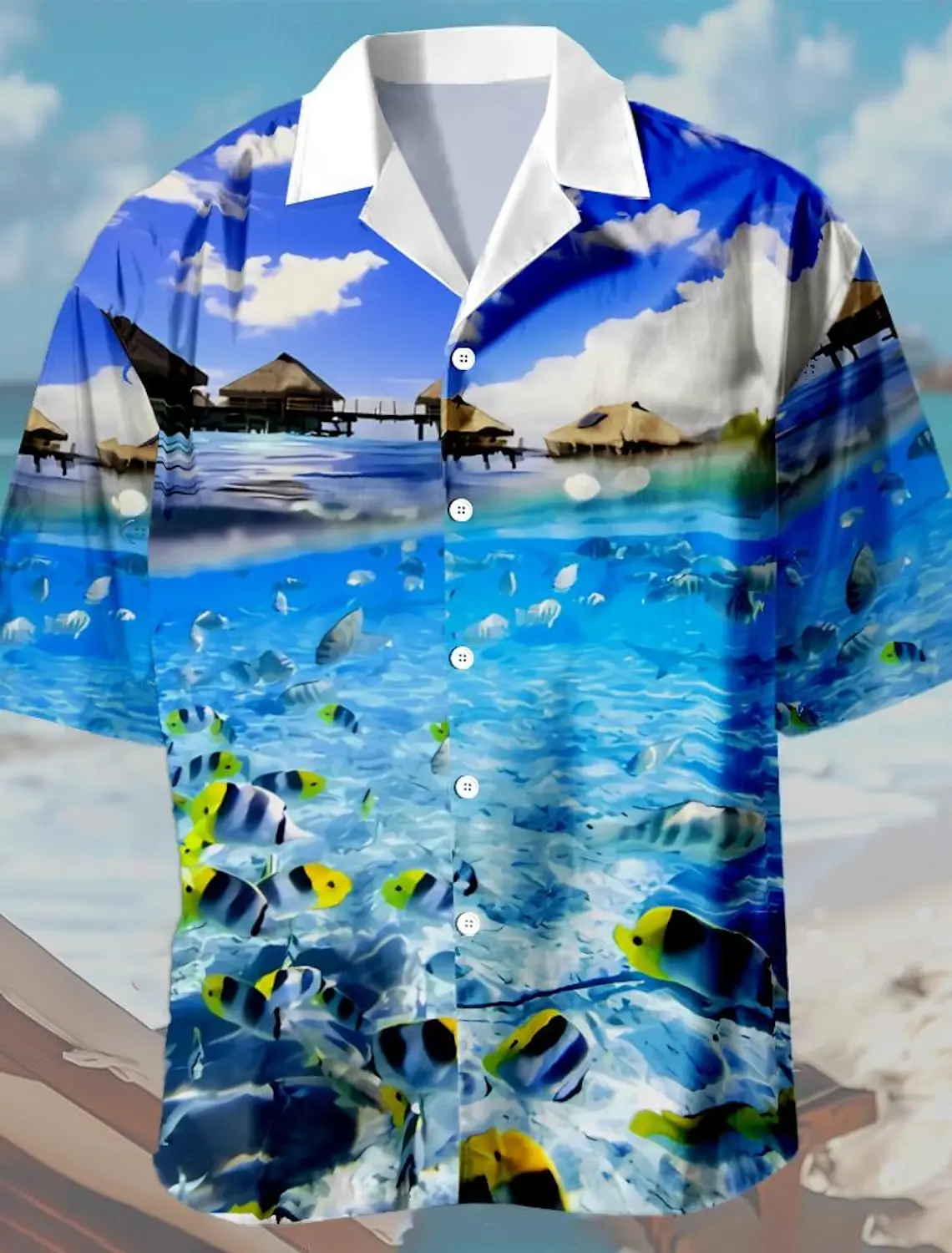 thumbnail image 1 of Camisa hawaiana náutica para hombre, camisa hawaiana de verano, camisa informal de vacaciones, camisa de manga corta con cuello vuelto, tela elástica, 1 of 4