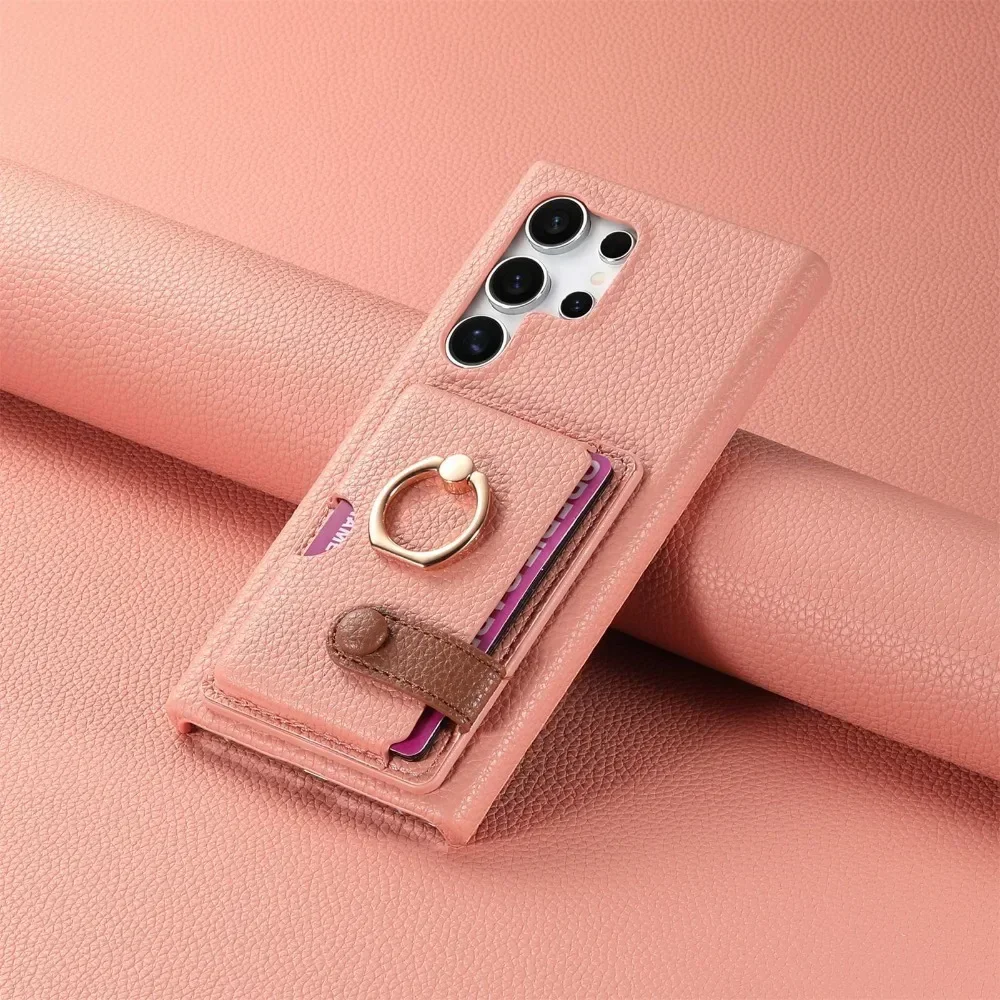Leather Wallet Case with Ring Bracket and Card Slots - Magnetic Closure