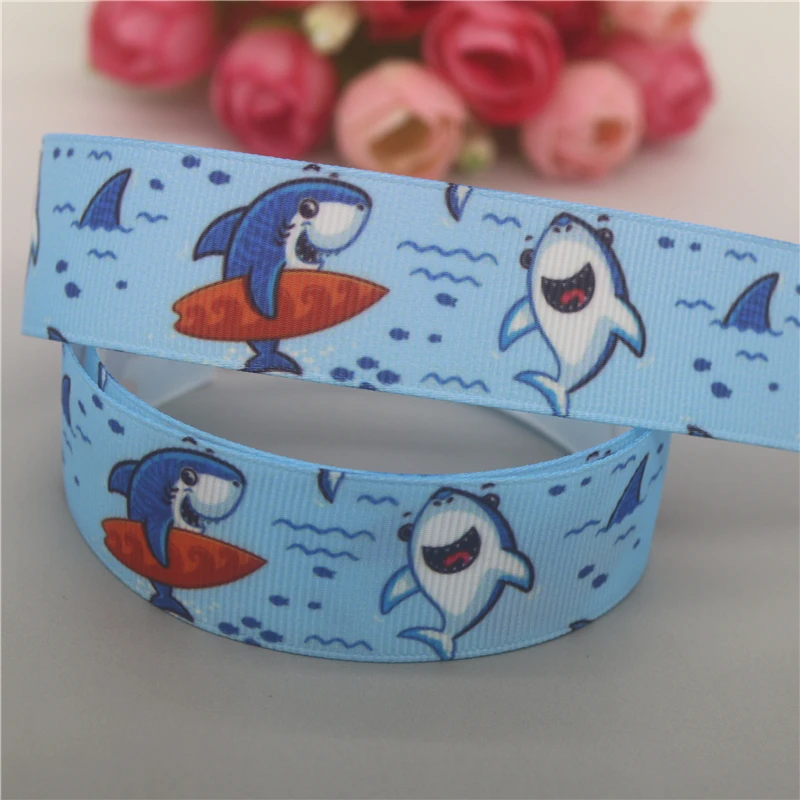 DHK 50yards Sea Shark Whale Printed Grosgrain Ribbon Accessories Material Headwear Decoration DIY Sewing Craft D1959