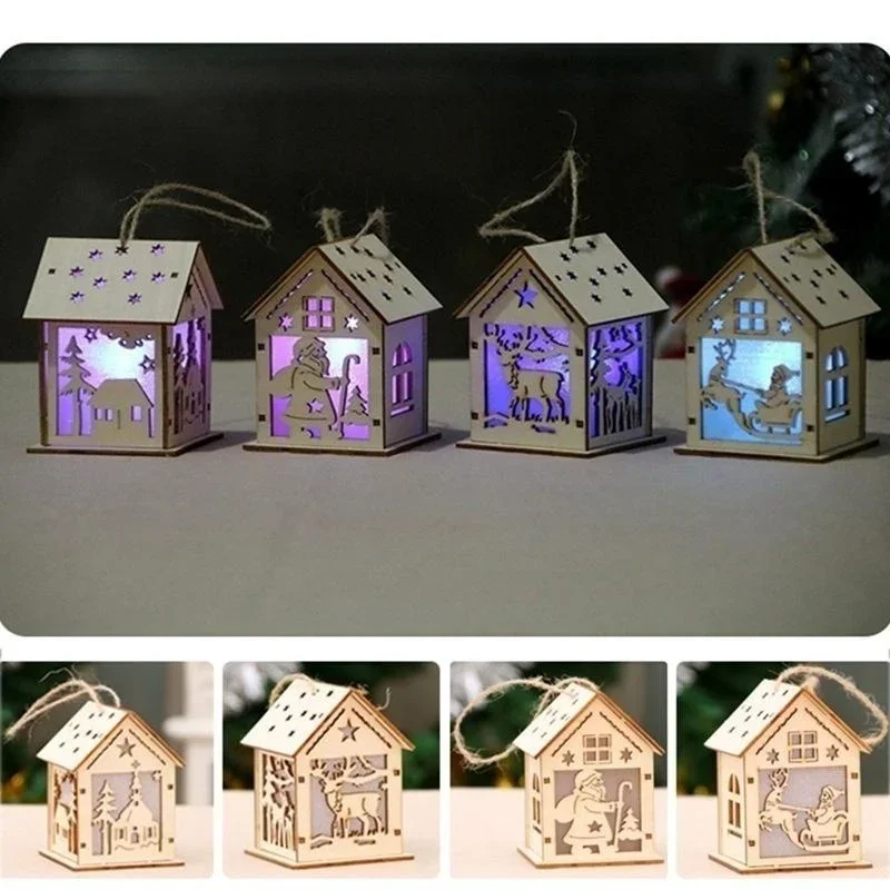 New Christmas Led Light Wood House Cute Christmas Tree Hanging Ornaments Holiday Decoration Home Decoration Accessories