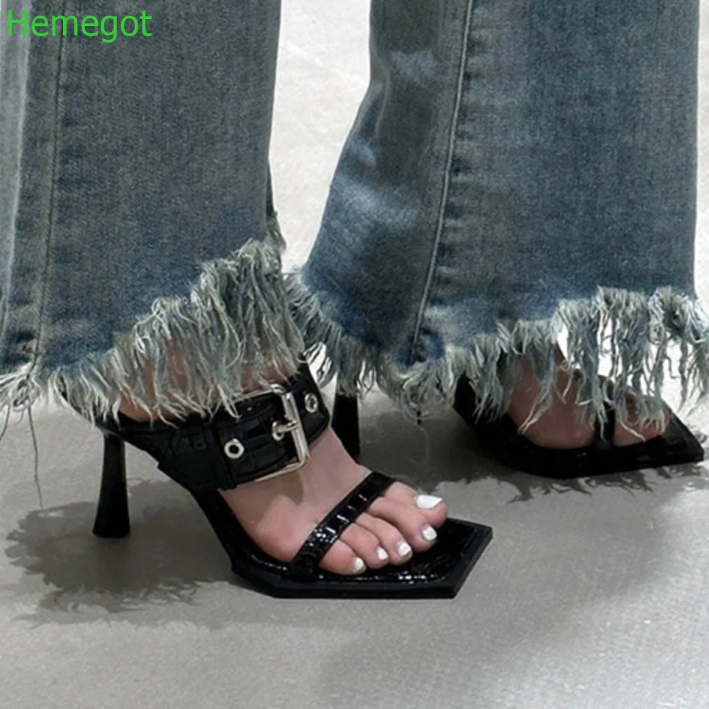 

Metal Belt Buckle Outdoor Slipper 2024 New Patent Leather Stiletto Heel Open Sandals Black/white 8Cm Fashion Women Slippers