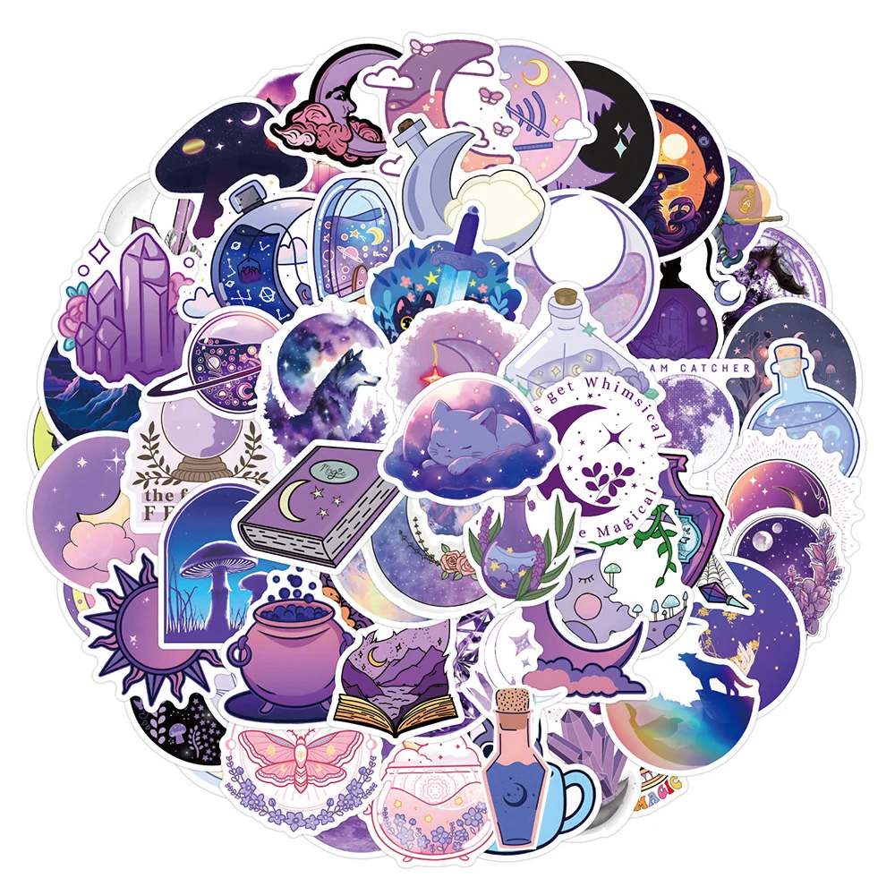 10/30/50/110pcs Purple Magic Crystal Potion Stickers Art Sun Moon Sticker Suitcase Phone Laptop Scrapbooking Cartoon Kid Decals