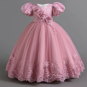 Elegant Bridesmaids Party Girls Dresses Puff Sleeve Tulle Wedding Costume Flower Birthday Princess Dress Girls Baptism Prom Gown 1