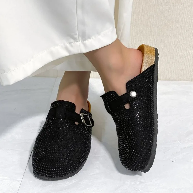 Shiny Rhinestones Outdoor Slippers Women's Shoes 2024 Summer Trend Luxury Platform Sandals Black Buckle Cork Clog Luxury Mules 3