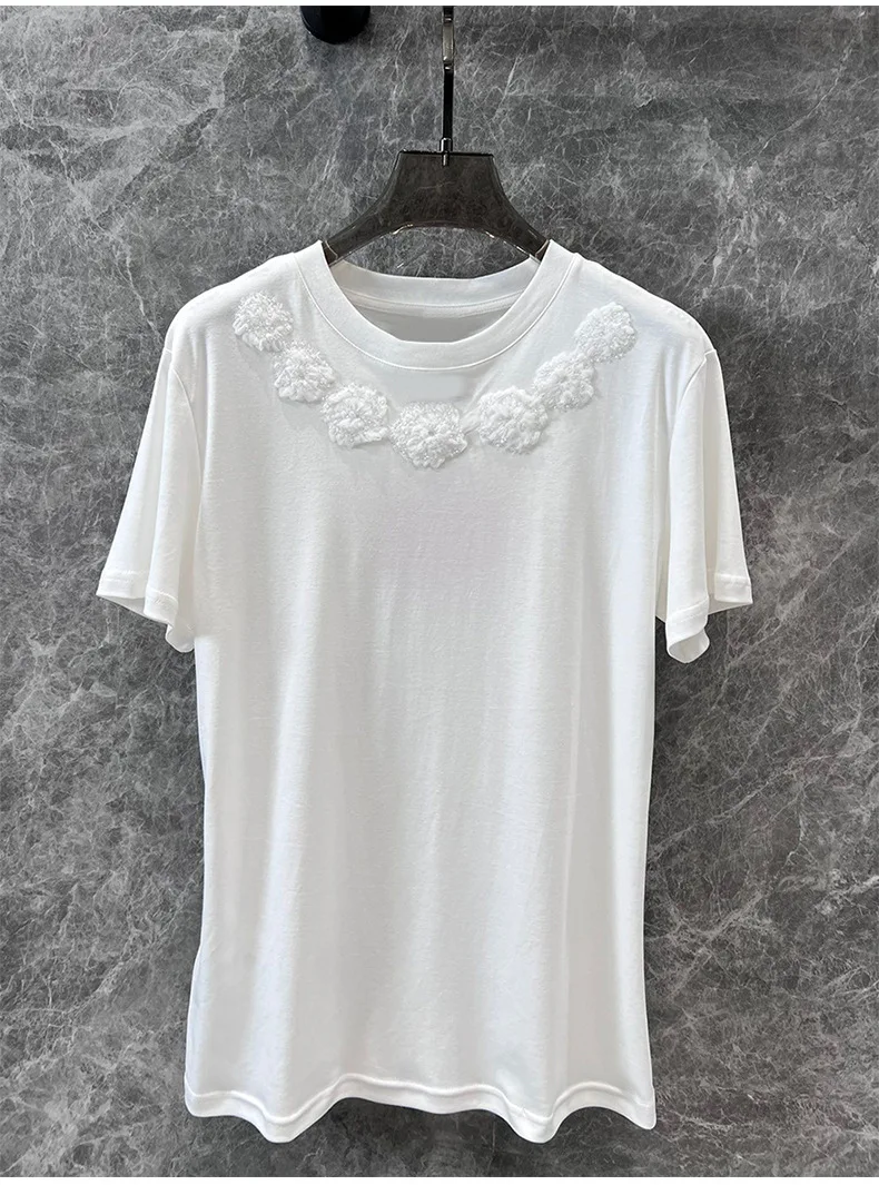 

2024 Spring Summer High Quality Fashion Women's White Diamonds T-short Tee Tops C903