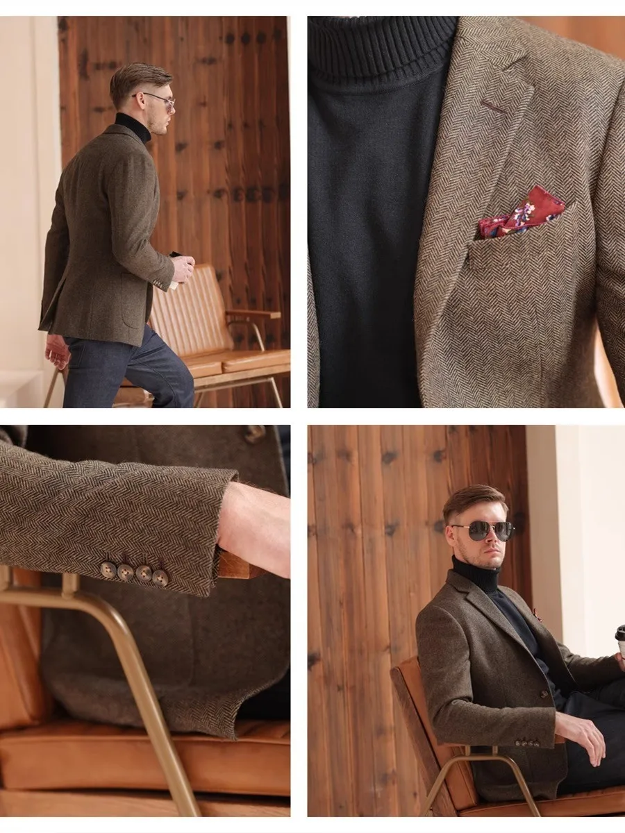 Herbst und Winter verdickter Retro-Anzug aus grober Wolle, Business-Casual, britischer Stil, Anzugjacke mit Fischgrätenmuster für Herren – Detail 10