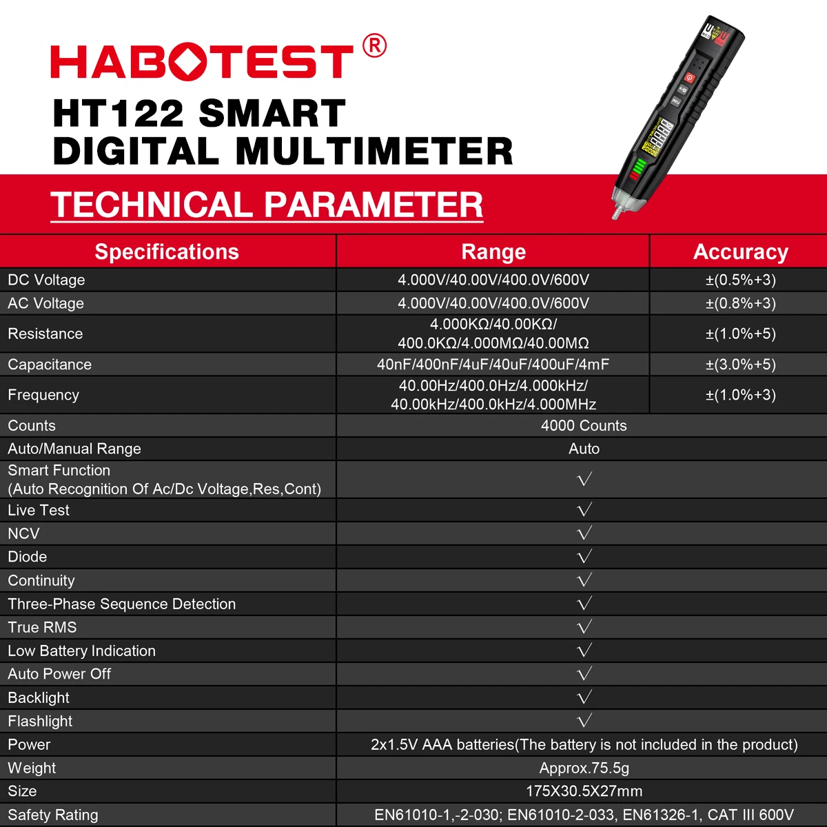 HABOTEST HT122 Digital Pen Type Multimeter DC AC Voltage Tester Smart Multi-meter NCV Phase Sequence Auto Ranging Multimetre digital multimeter,multimeter tester