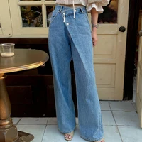 Retro High Waist Wide Leg Jeans Women's Autumn Long Pants Asymmetrical Design Versatile Chic Vintage Sle Ladies Denim Trousers - Image 2
