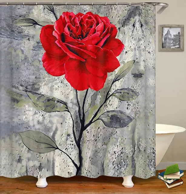 Rose Flower Shower Curtain Set Non-Slip Rugs Bath Mat Toilet Lid Cover and 12 Hooks Waterproof Polyester Bathroom Decor J-1PC Shower Curtain