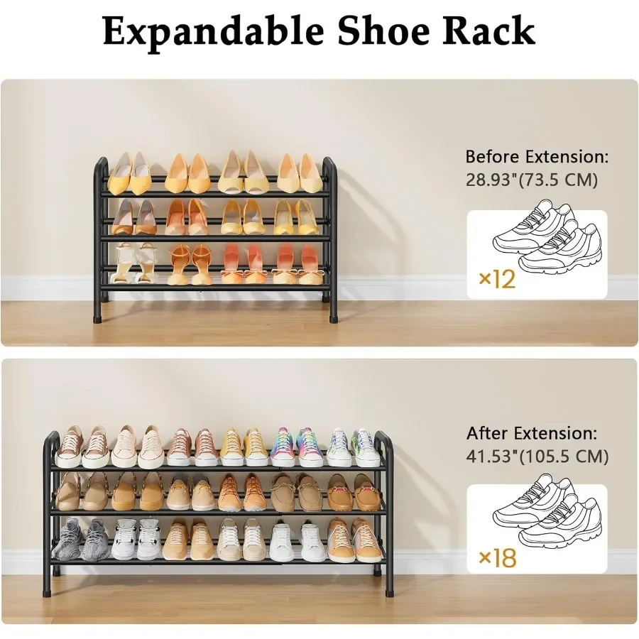 3 Tier Shoe Organizer Shoe Rack for Closet 28 Metal Shelf Can Expandable to 42 for Bedroom Entryway Closet Garage Adjustable to
