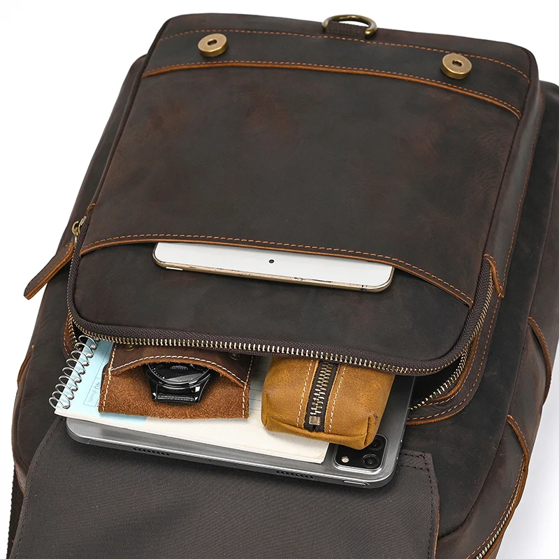 Crazy Horse Leather Backpack Men Brown Unisex Cow Leather 14" Laptop Rucksack Vintage Real Leather School Bag Durable Travel Bag 5