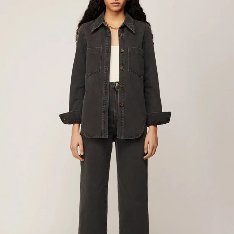 

2023 Casual Commuter Lapel Long-sleeved Single-breasted Denim Shirt Woman