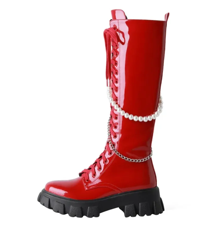 2022 New Motorcycle Boots Women Leather Shoes Pearl Chain Fashionable Comfortable Cool Casual Shoes Women Knee-high Boots