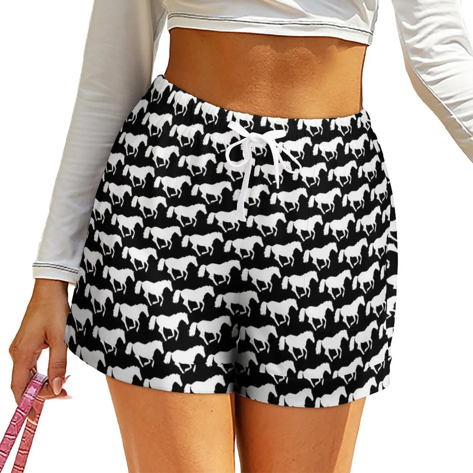 

Horse Print Shorts Black and White Night Club Shorts Summer Pattern Short Pants With Pockets Street Wear Bottoms Large Size 3XL