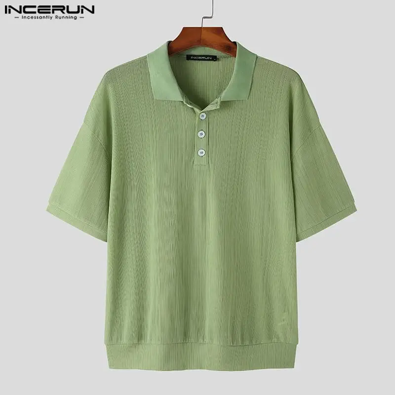 INCERUN Tops 2023 Korean Style New Men Solid Simple Loose Shirts Casual Comfortable Male Knitted Short Sleeve Lapel Blouse S-5XL