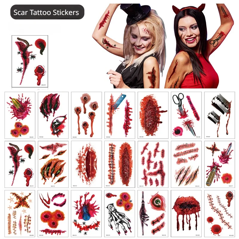 

10pcs Bloody Scar Tattoo Stickers Halloween Simulation Realistic Horror Scars Temporary Waterproof Tattoo Stickers