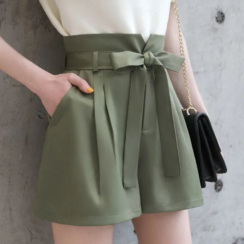 Summer Korean Thin A-line Wide Leg Shorts Solid Women Elastic High Waist Bandage Pocket Folds Breathable Loose Short Pants 2024