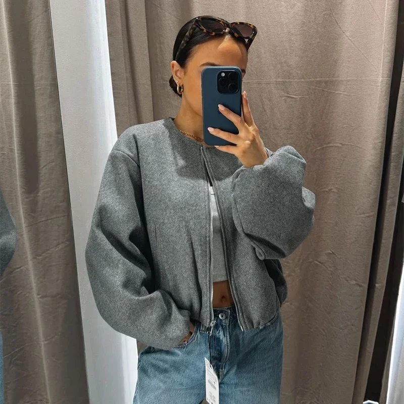 Retro Solid Woolen Women's Bomber Jacket Long Lantern Sleeves Pockets O-neck Loose Female Coat Autumn High Street Outwears