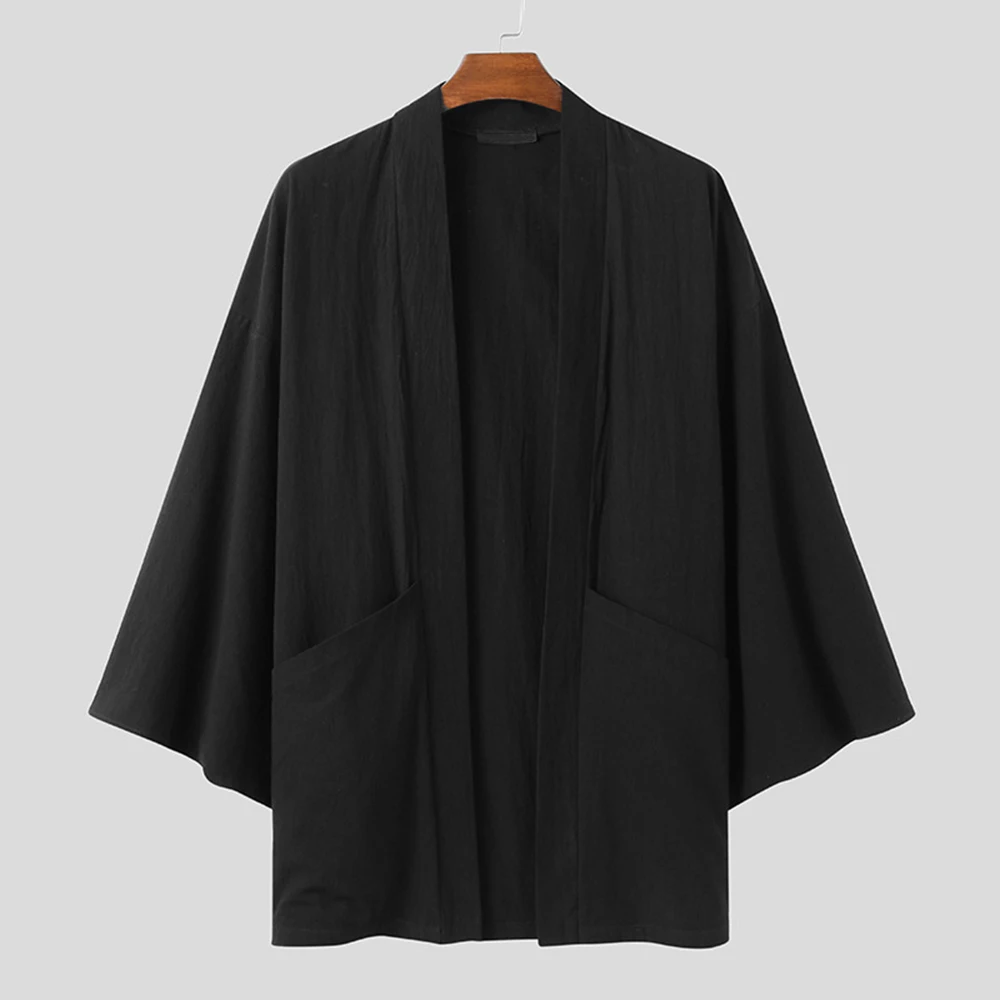 Mens Fashion Solid Color Bat Sleeve Cardigan Autumn New Loose Trend Clothing Mid-Length Versatile Personality Jacket Windbreaker