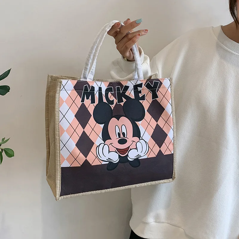 

Fashion Disney Mickey Mouse Linen Shopping Bag for Women Kawaii Lilo and Stitch Cartoon Large Capacity Outing Tote Bag Girls Bag