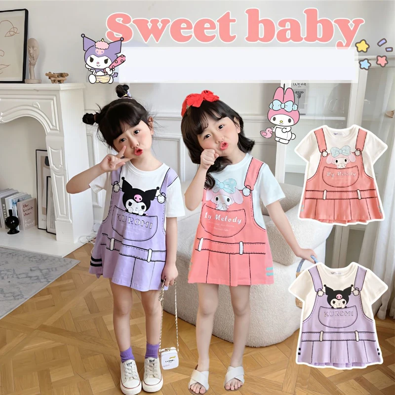 

Sanrioed Kuromi My Melody Summer Children's Cute Printed Skirt Short Sleeve Strap T-shirt Dress Cartoon Fake Two Piece Dress