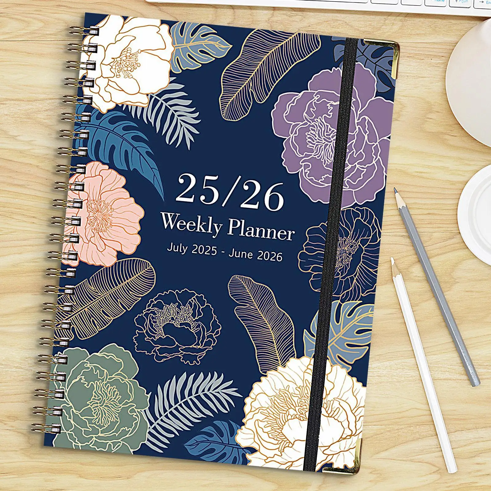 Ringed Notebook Coil Notebook A5 Thick Diary Floral Design English Notepad July 2025-June 2026 for Sketching Bullet Journaling