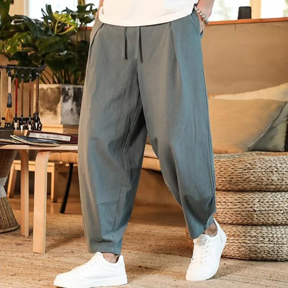 Men's Cotton and Linen Pants Summer Solid Color Loose Fitness Baggy Streetwear Plus Size