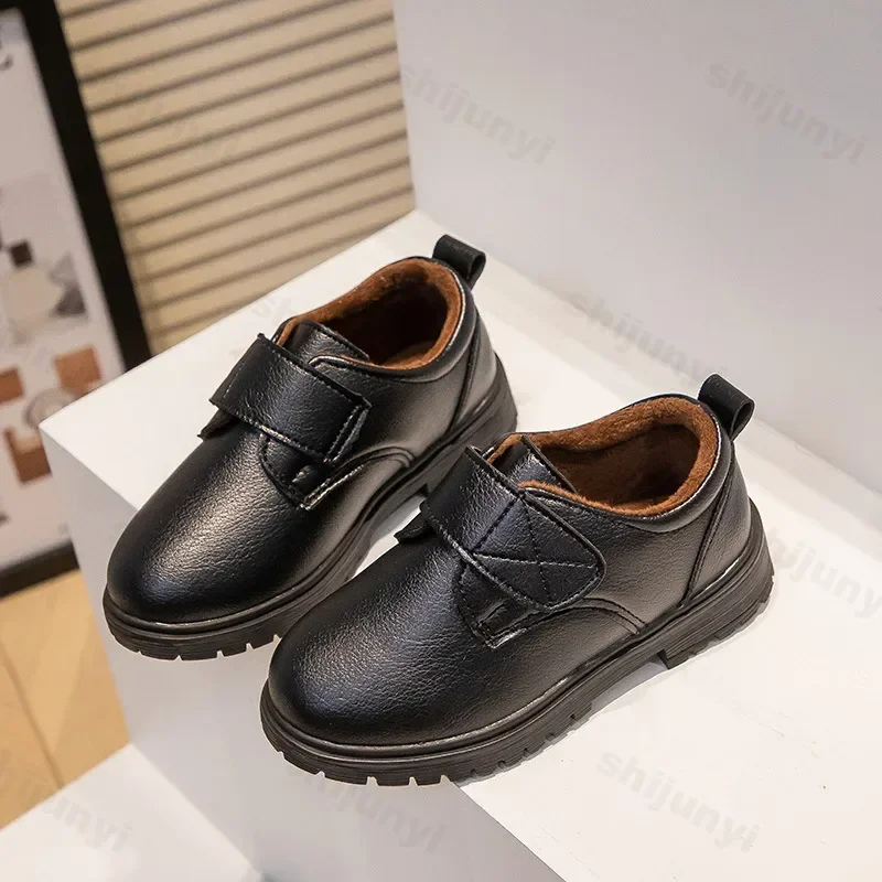 Autumn Winter New Boys Leather Shoes Children Britain Style Black Casual Cotton Shoes for Girls Performance Slip-on Loafers