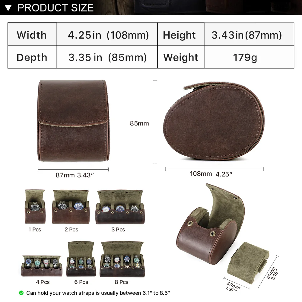 Vintage Genuine Leather 1 Slots Grids Watch Roll Case Travel Portable Watch Display Storage Gift Box High Quality for Men Women