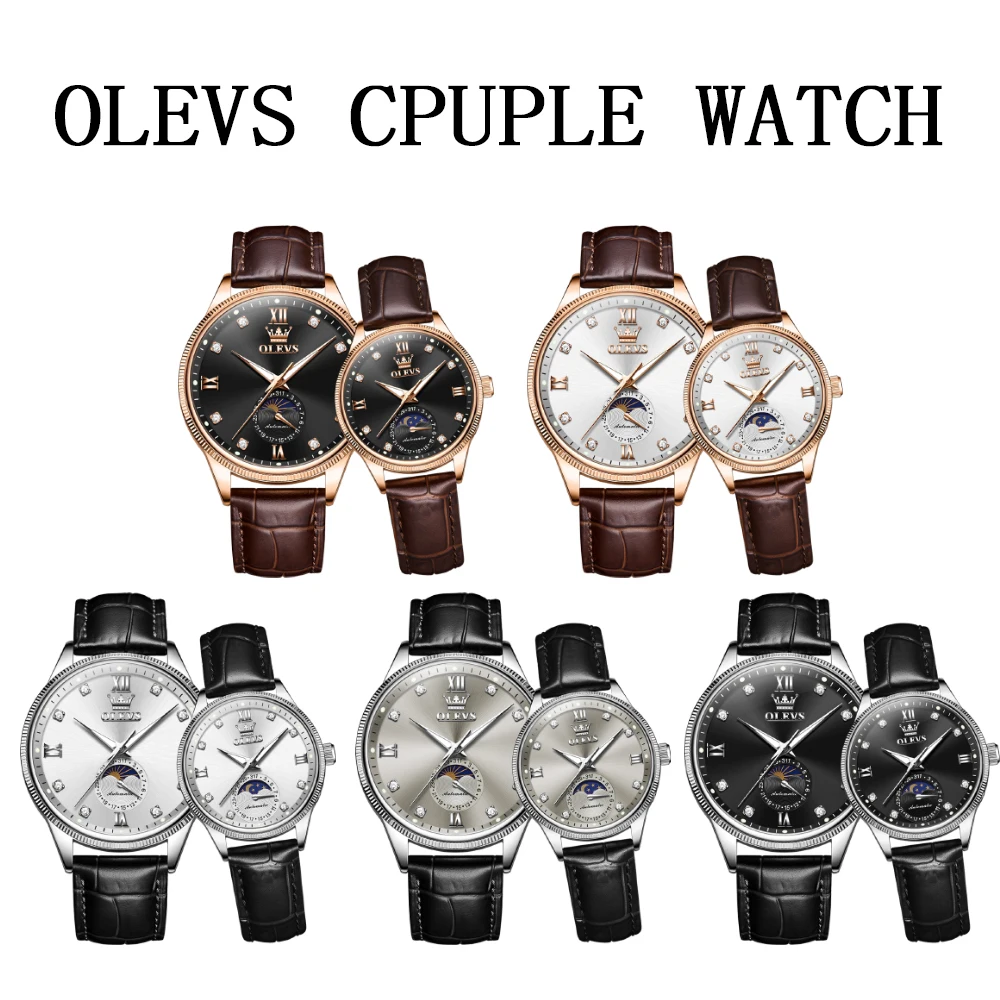 OLEVS Couple Watches Top Brand Fashion Original Watch for Lover Waterproof Moon Phase His and Her Wristwatch Automatic Mechan