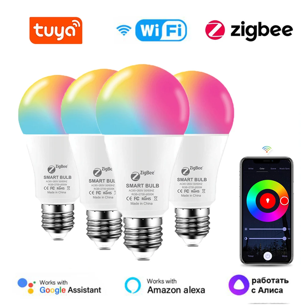 Tuya WiFi Zigbee Smart LED Light Bulb 15W E27 85265V RGB+WW+CW