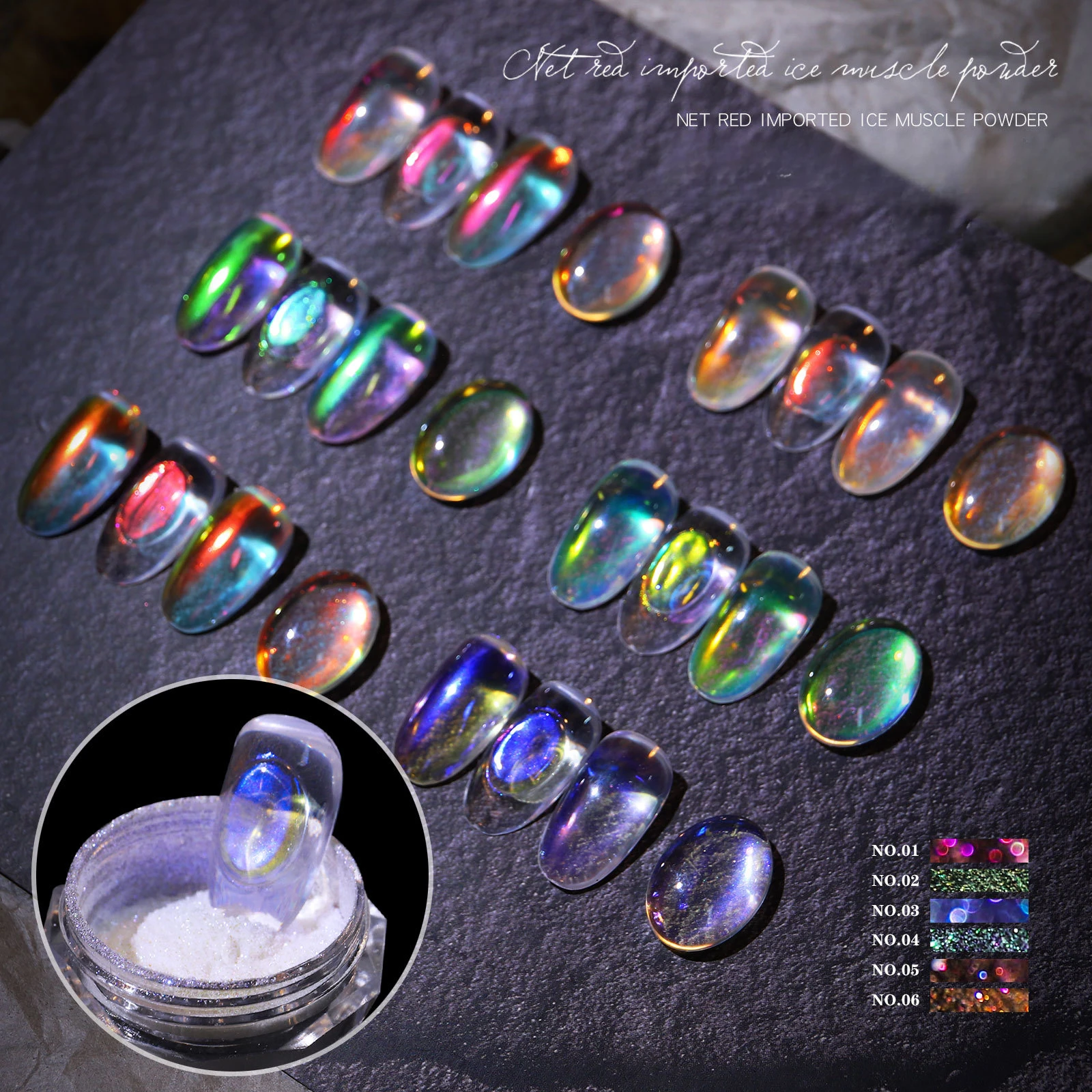 6 Teile/satz Aurora Chrom Nagel Pulver 0,2g Eis Transparent Meerjungfrau Nagel Glitter Glänzende Perle Regenbogen Pigment Nail art Dekoration – Detail 1