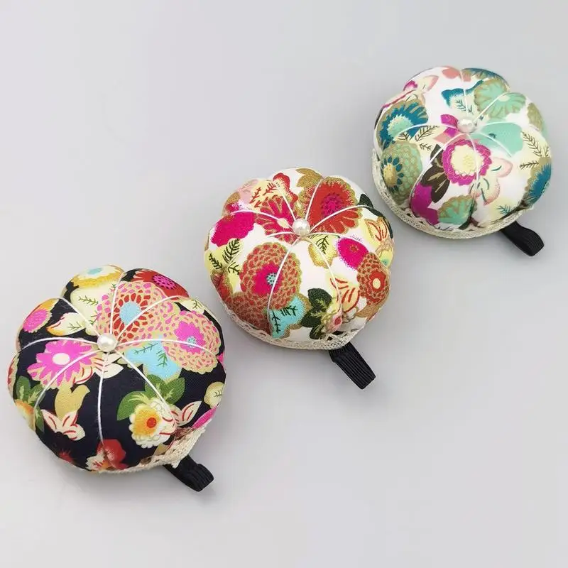 

Pumpkin Shaped Needle Pin Cushion Wrist Pin Cushion With Strap Japanese Style Flower Printed Pumpkin pin Cushion DIY Sewing Tool