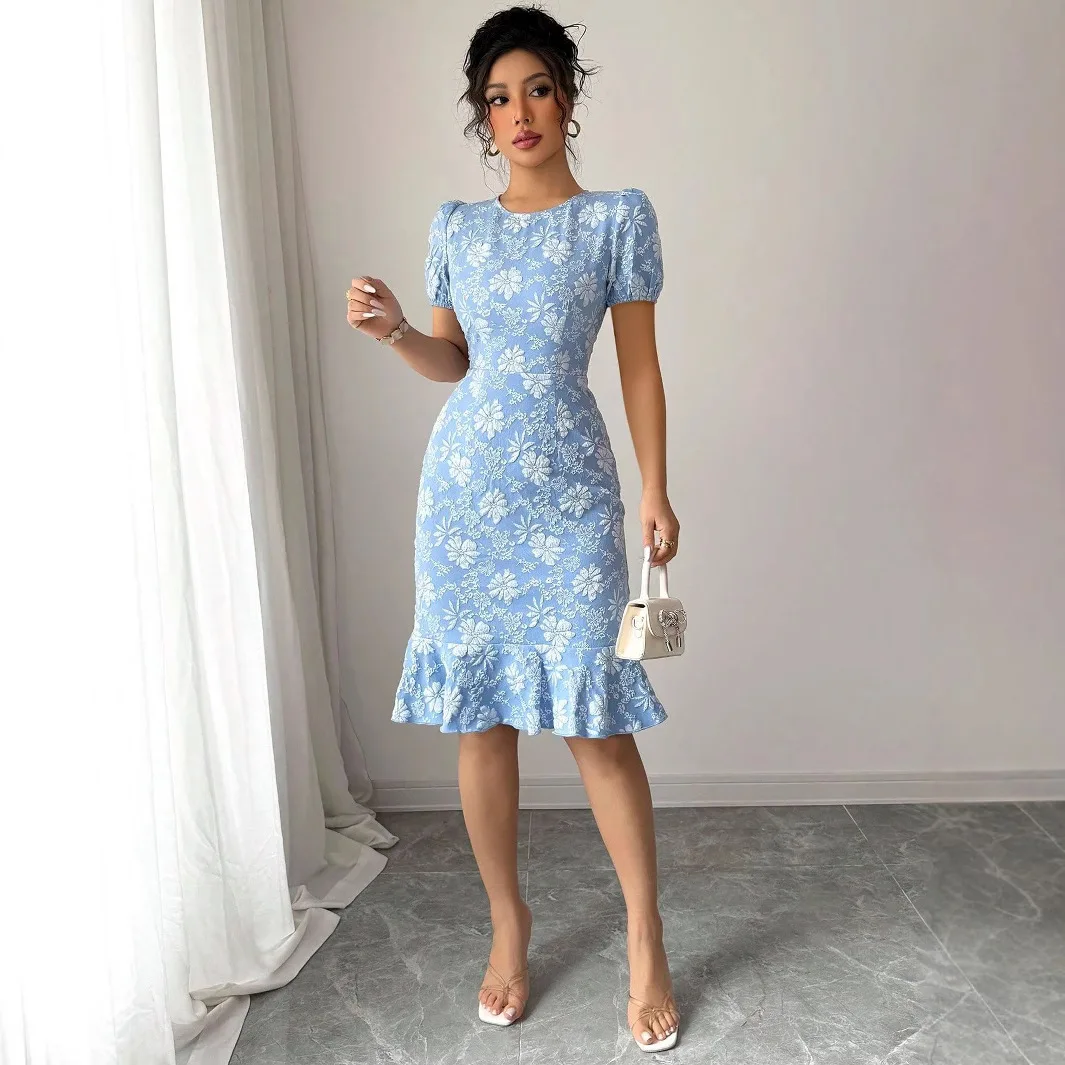 Sheath Dress Women Print Flower Dresses Knee Length Slim Summer 2025 Round  Collar Puff Sleeve Office Lady Vintage Vestidos largo - AliExpress 200000345