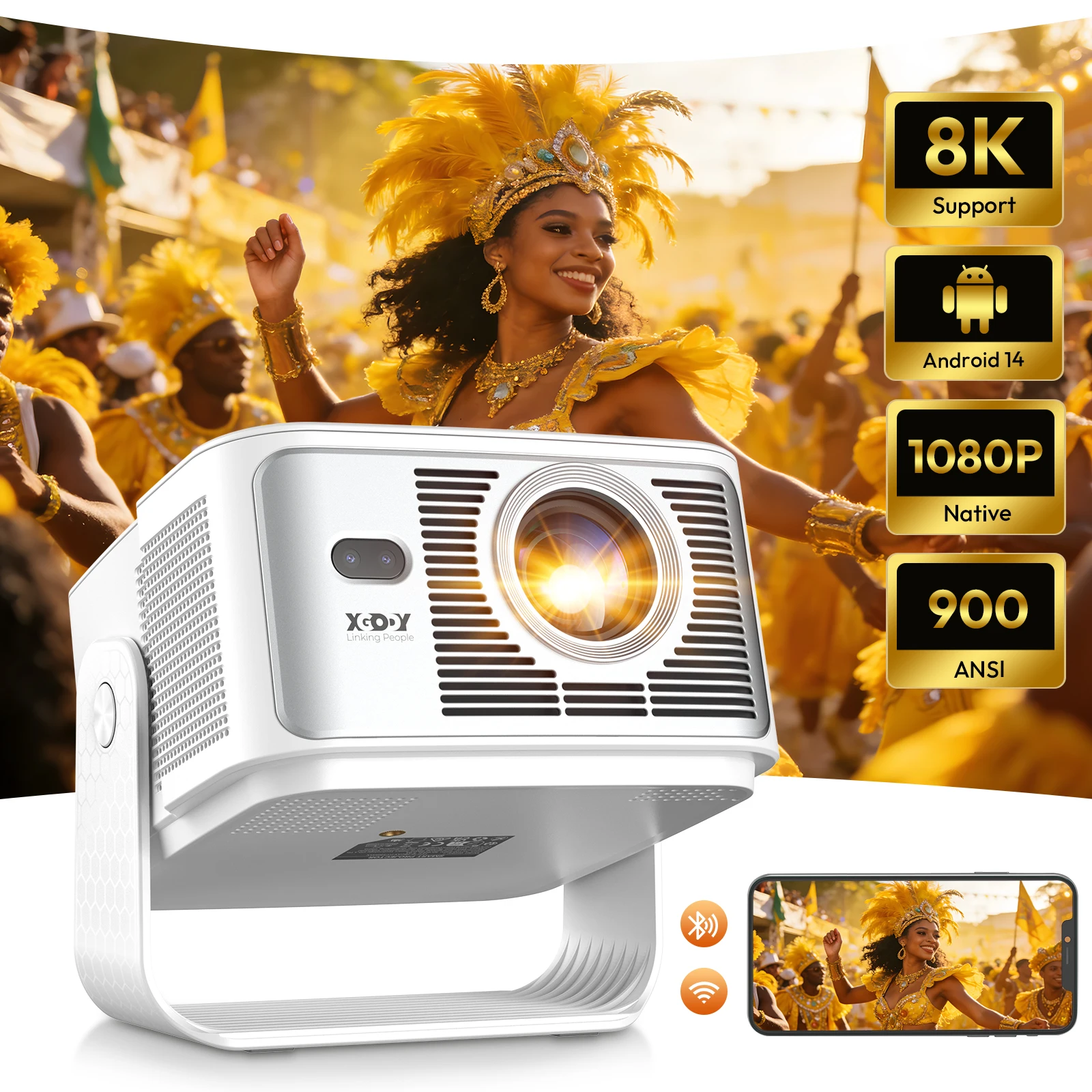 Projetor XGODY 900ANSI 8K/4K 2GB+16GB Android 14 com Autofoco e Correção de Keystone, Wifi6 BT5.4 para Cinema em Casa e Uso Externo