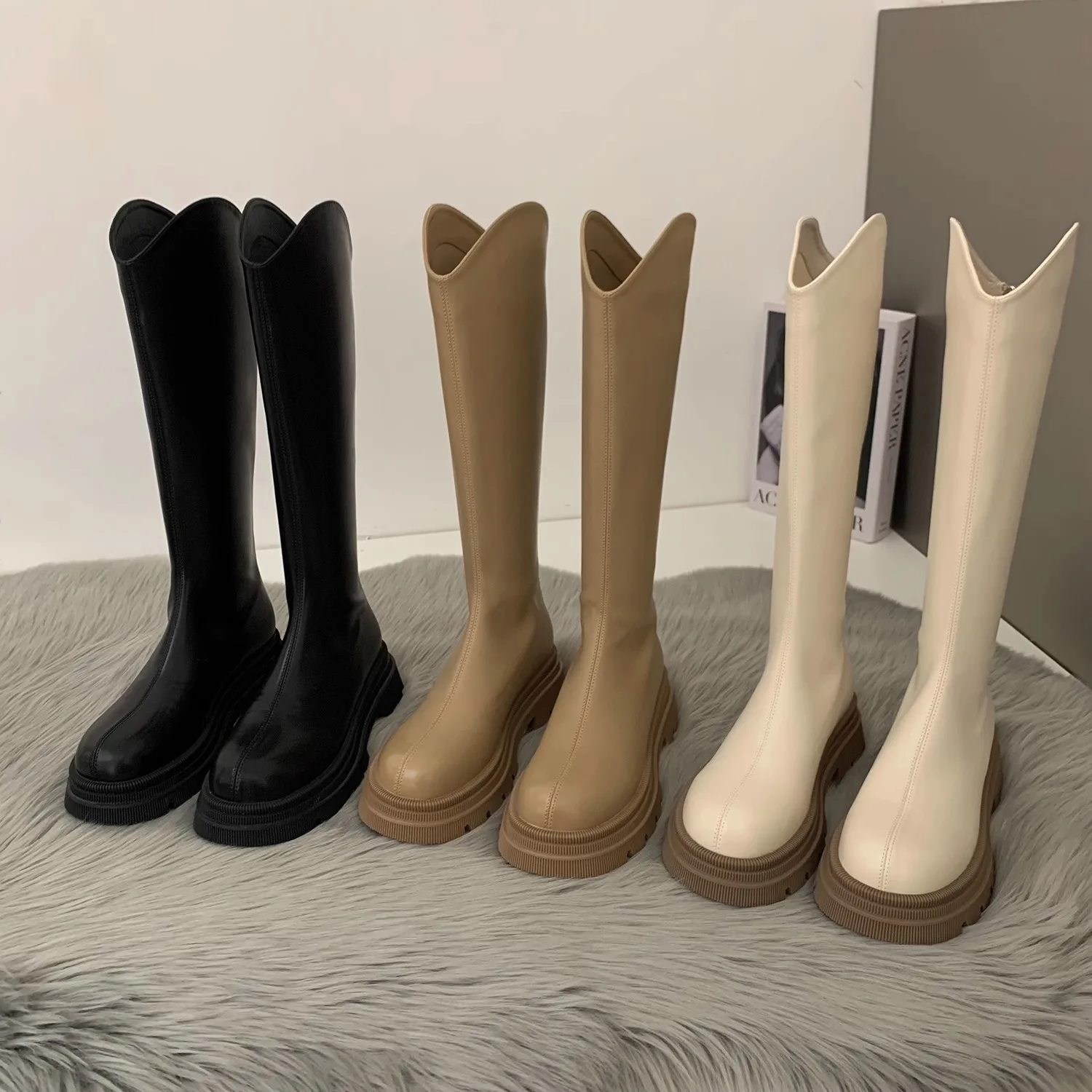 

Shoes Med Heel Boots Round Toe Winter Footwear Boots-Women Zipper Flat Ladies 2023 Lolita Over-the-Knee Autumn Rome PVC Fabric P