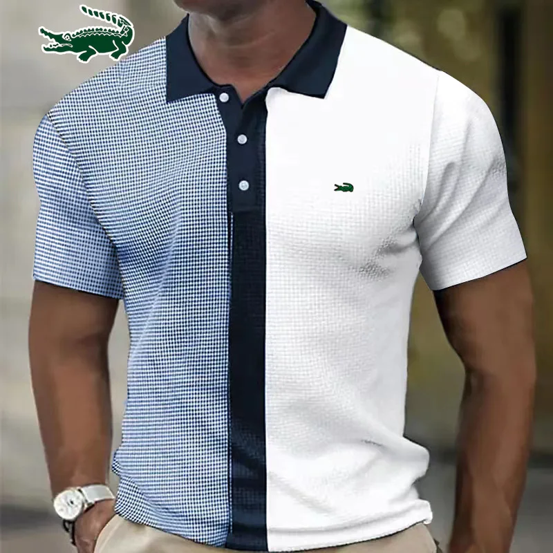 

Men's Polo Shirt Fashion Stripe Stitching Casual Lapel Button Summer Men's Short Sleeve Slim Figure Breathable Routine Work Polo