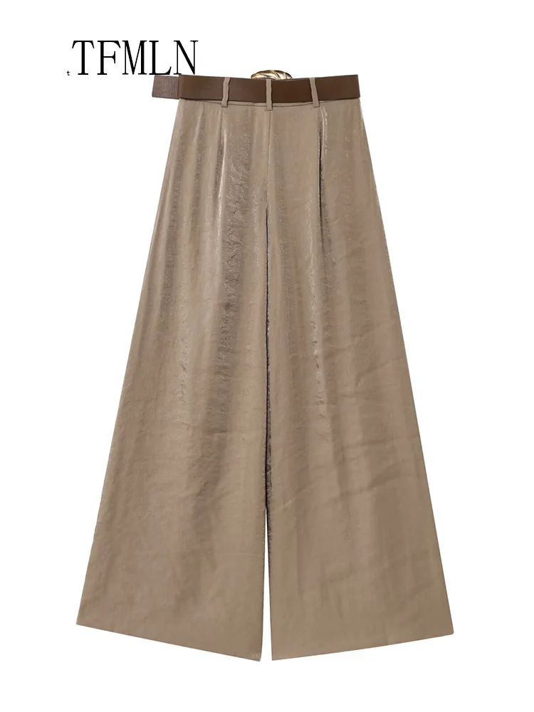 TFMLN Fashion Women Solid Wide Leg Pant With Belt 2025 Summer Chic Causal Zipper Full Trousers Simple Female High Street Pants