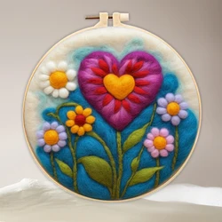 Floral Wool Felting & Embroidery DIY Kit - 20x20cm Needle Felt Art with Frame (MZH117)