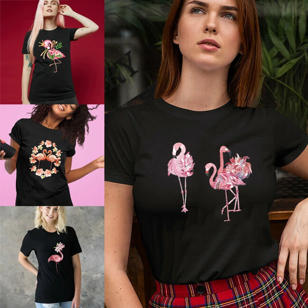 

2024 New Flamingo Printed T-Shirt Summer Casual Female Short Sleeve High Quality O-neck Pullover T-Shirts Top Tees Women Clothes