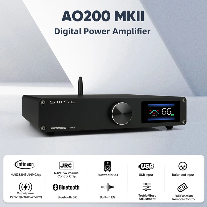 

SMSL AO200 MKII Bluetooth 5.0 Audio Sound Amplifier HIFI DAC AMP with Remote Control MA5332 Chip XLR/RCA/BT/USB Balanced Input